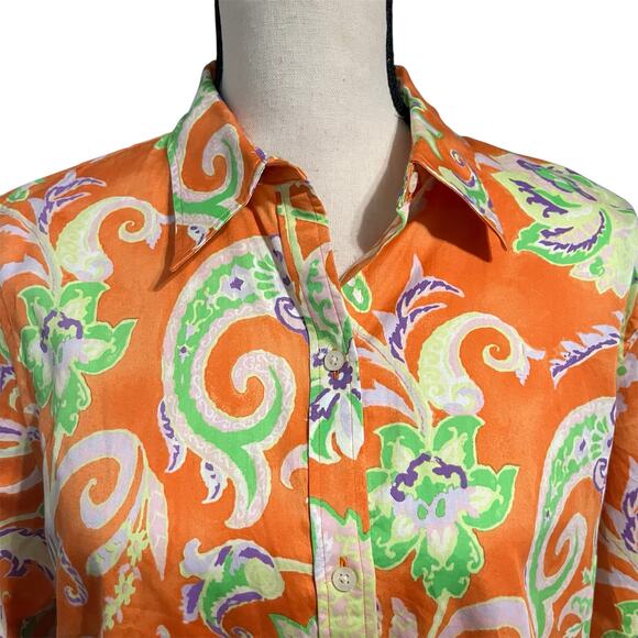 Lauren Ralph Lauren Women's 100% Cotton Orange Paisley Button Down Top Sz L - Picture 1 of 6